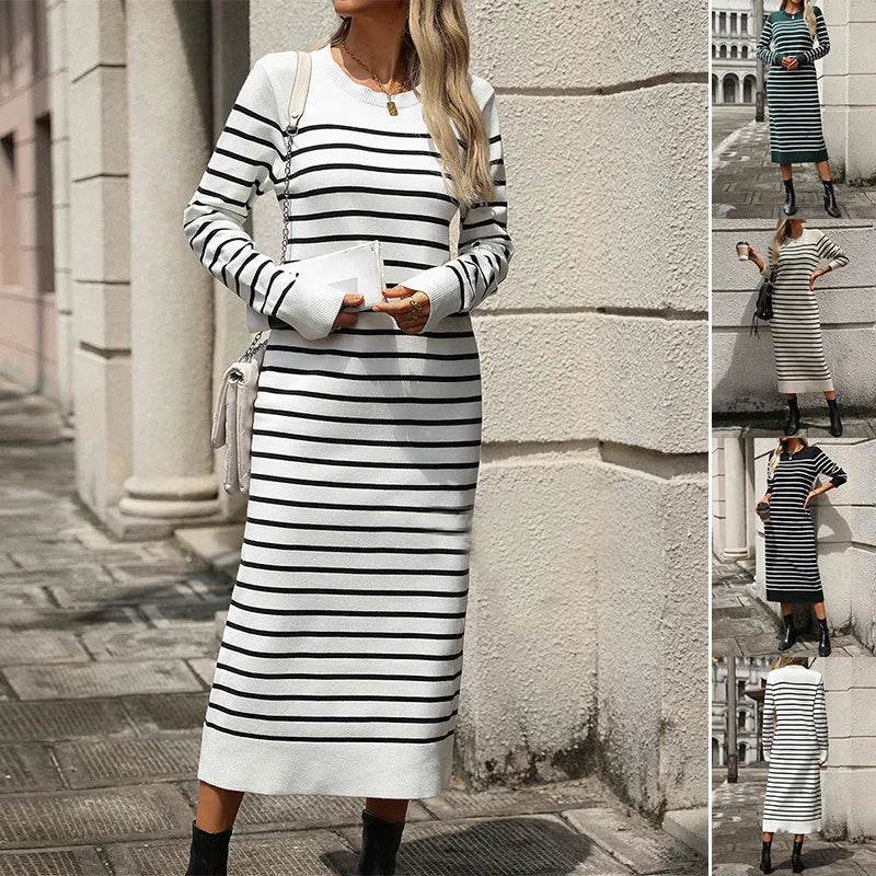 Slim Striped Printed Long Cashmere Dress Autumn And Winter Long Sleeve Dresses For Women - EX-STOCK Canada