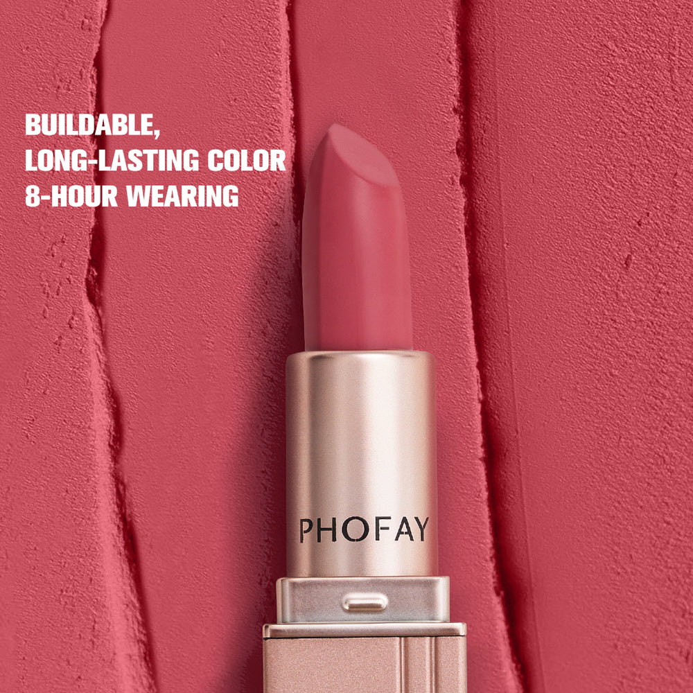 Pink lipstick with 'PHOFAY' branding on a red background