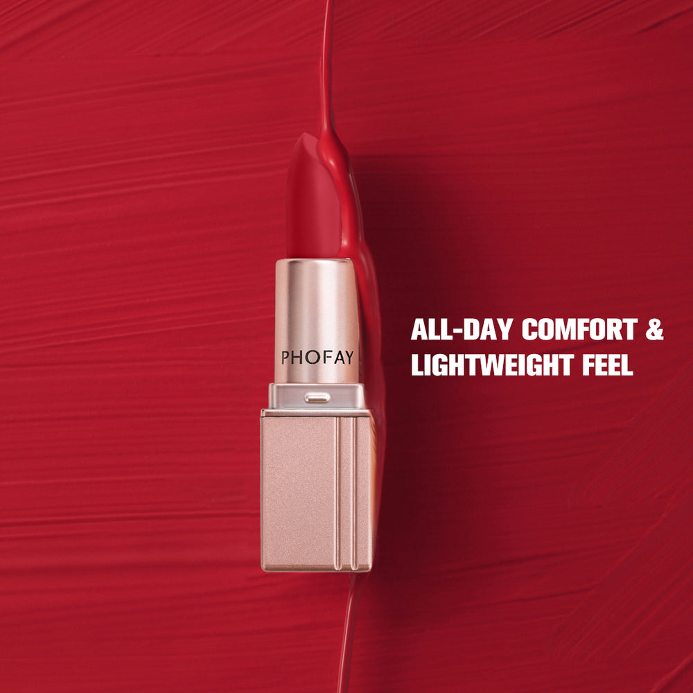Lipstick with 'PHOFAY' branding on a red background with text 'ALL-DAY COMFORT & LIGHTWEIGHT FEEL'.
