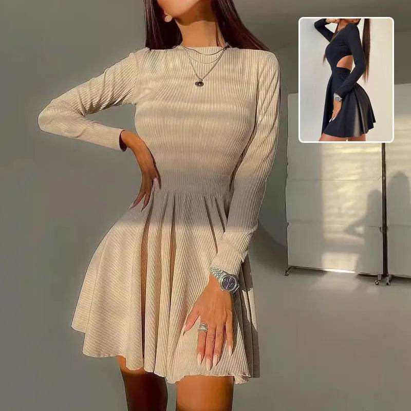 Y2K Long-sleeved Party Club Dress Solid Color Round Neck A-line Mini Black / S