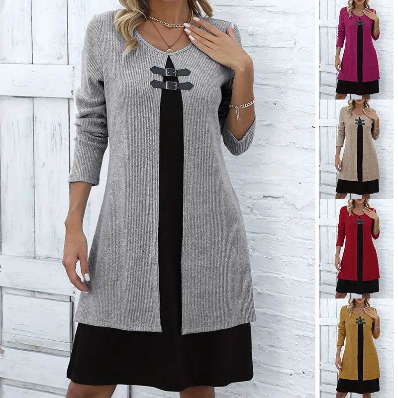 Contrast Color Buckled Round Neck Fashion Winter Sweater Dress - EX-STOCK Canada