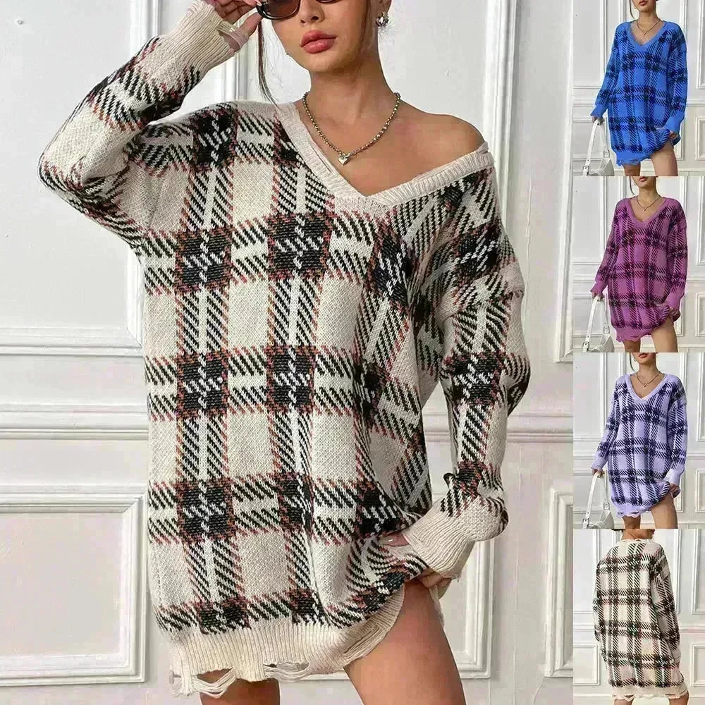 Deer Plush V-neck Long Sleeve Plaid Winter Jumper Mini dress - EX-STOCK CANADA
