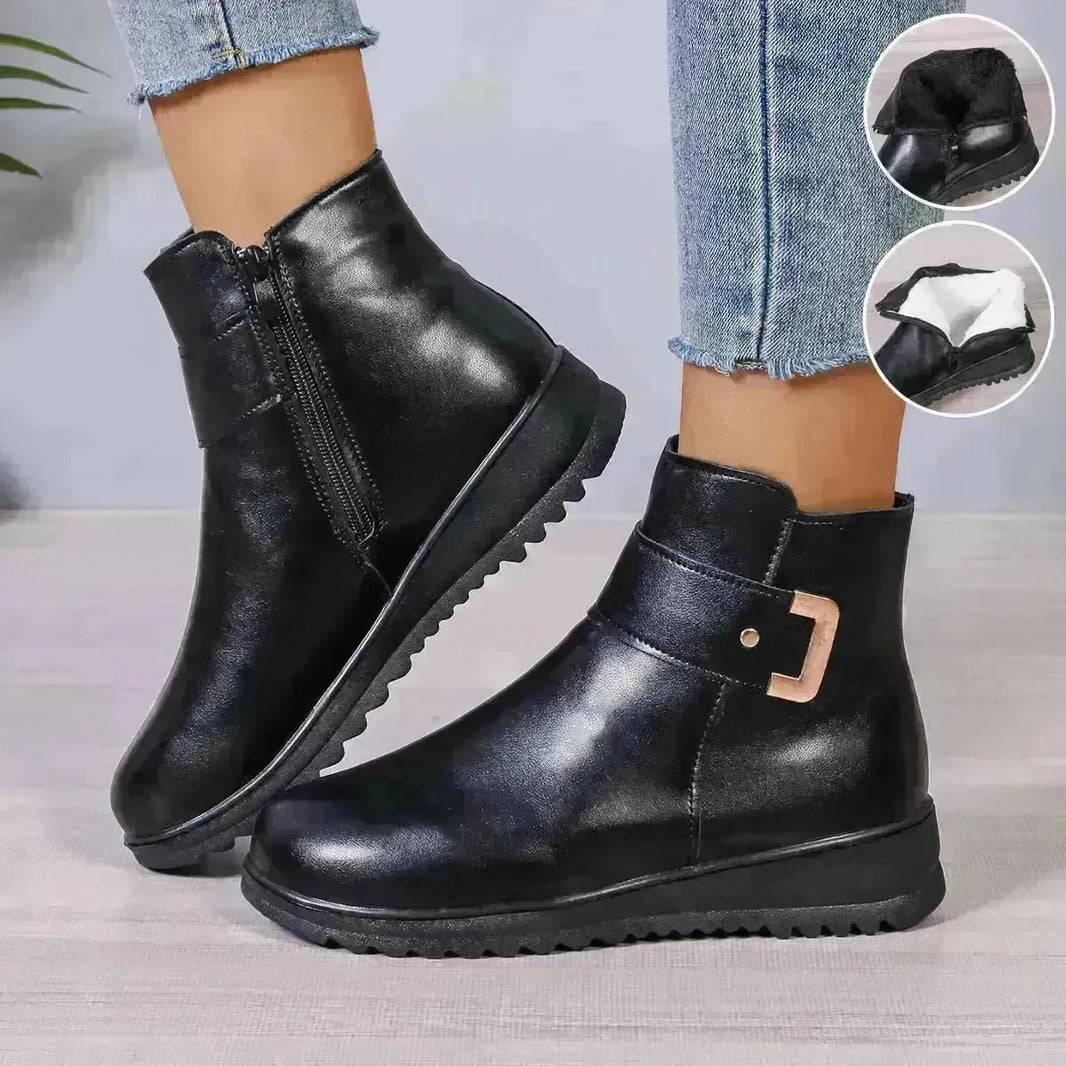 Winter Fleece Boots With Side Zipper Design Fashion Simple Non-slip Ankle Boots For Women Warm Pu Leather Shoes - EX-STOCK CANADA