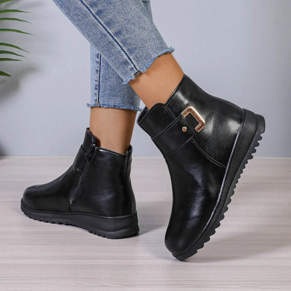Winter Fleece Boots With Side Zipper Design Fashion Simple Non-slip Ankle Boots For Women Warm Pu Leather Shoes - EX-STOCK Canada