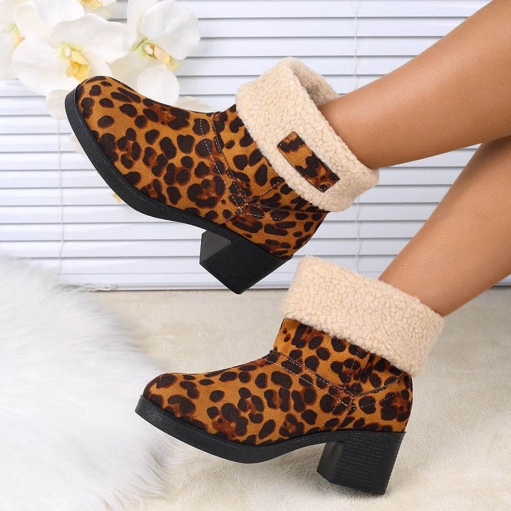 New Foldable Leopard Print Mid-calf Boots Winter Warm Fleece Thick Square Heels Boot For Women Fashion Round-toed Cotton Shoes - EX-STOCK Canada