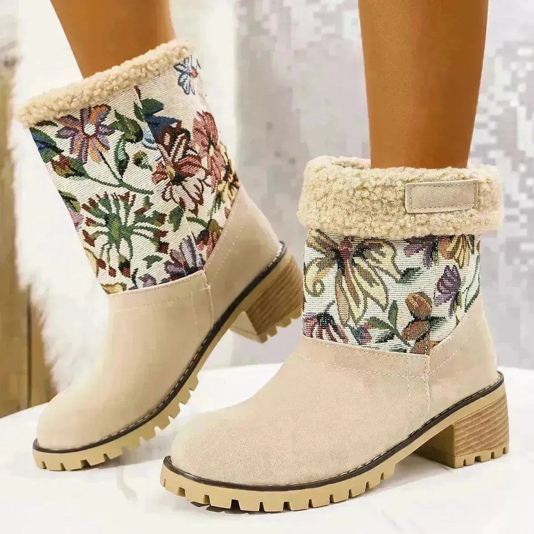 Fleurs Boots de neige brodés plate-forme de style ethnique à talons carrés épais chaussures de coton chaud en hiver pour femmes