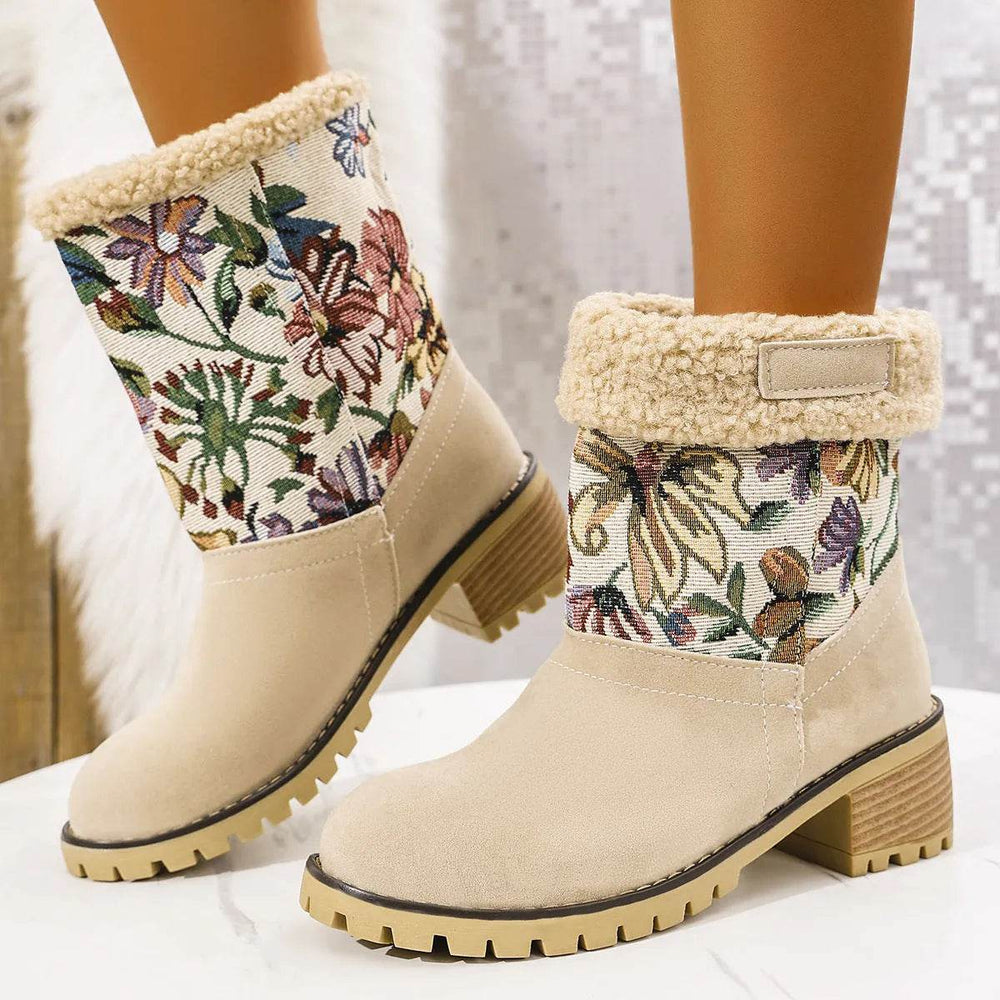 Flowers Embroidered Snow Boots Ethnic Style Platform Thick Square Heel Mid-tube Boot Winter Warm Cotton Shoes For Women - EX-STOCK Canada