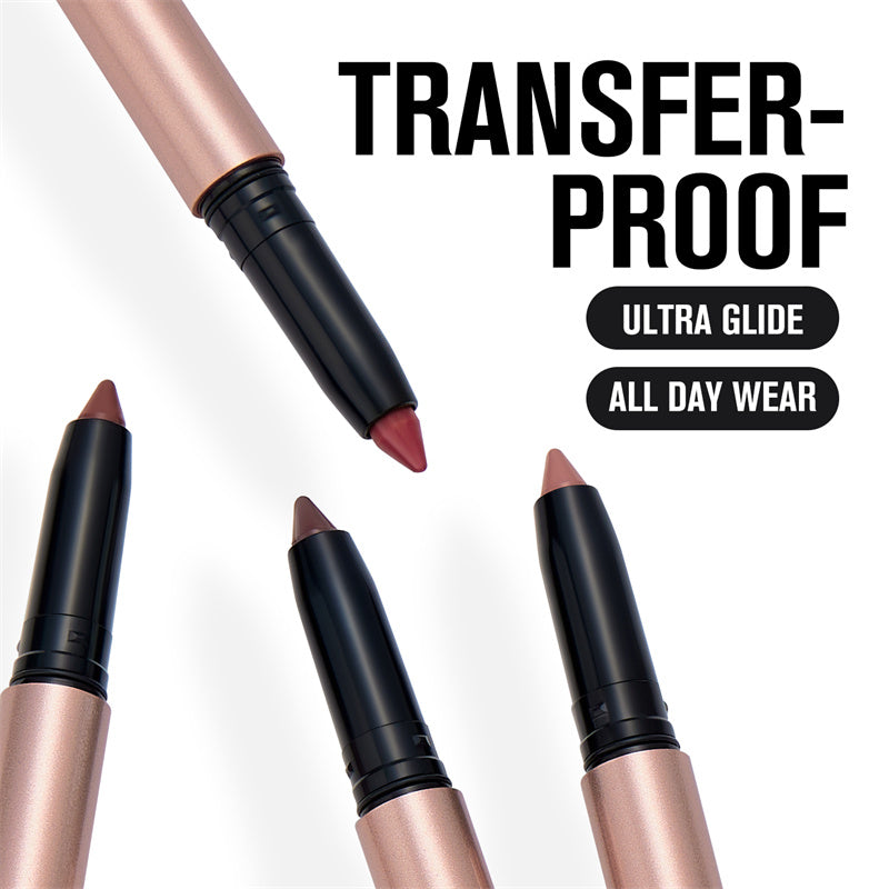 Lipstick applicators with 'Transfer-Proof', 'Ultra Glide', and 'All Day Wear' text on a white background.