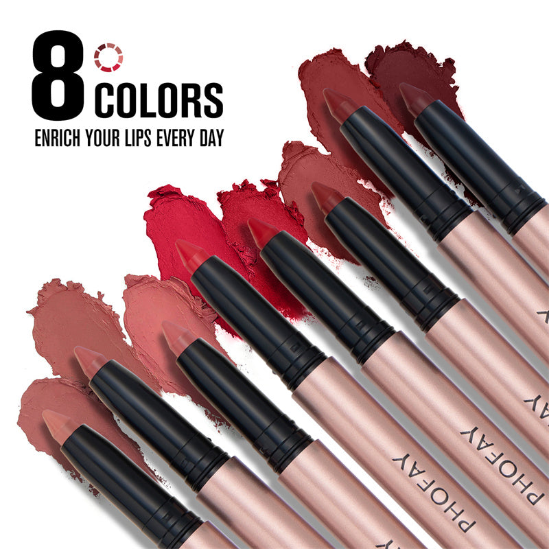 Set of lipsticks with swatches and '8 Colors' text on a white background