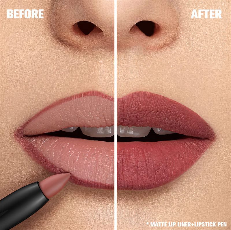 Before and after comparison of a lip with a matte lip liner and lipstick pen application.
