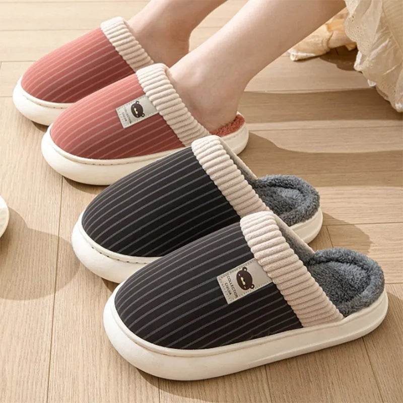 Solid Striped Plush Slippers Winter Warm Bear Fleece Shoes House Indoor Bedroom Floor Thick-soled Home Slipper For Women Men Couple - EX-STOCK Canada