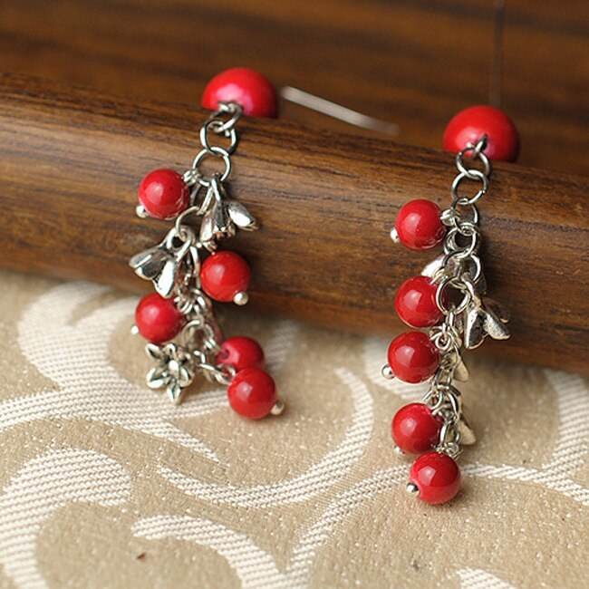 Ethnic Style Jewelry Red Pearl Seedling Silver Beaded Earrings - EX-STOCK Canada