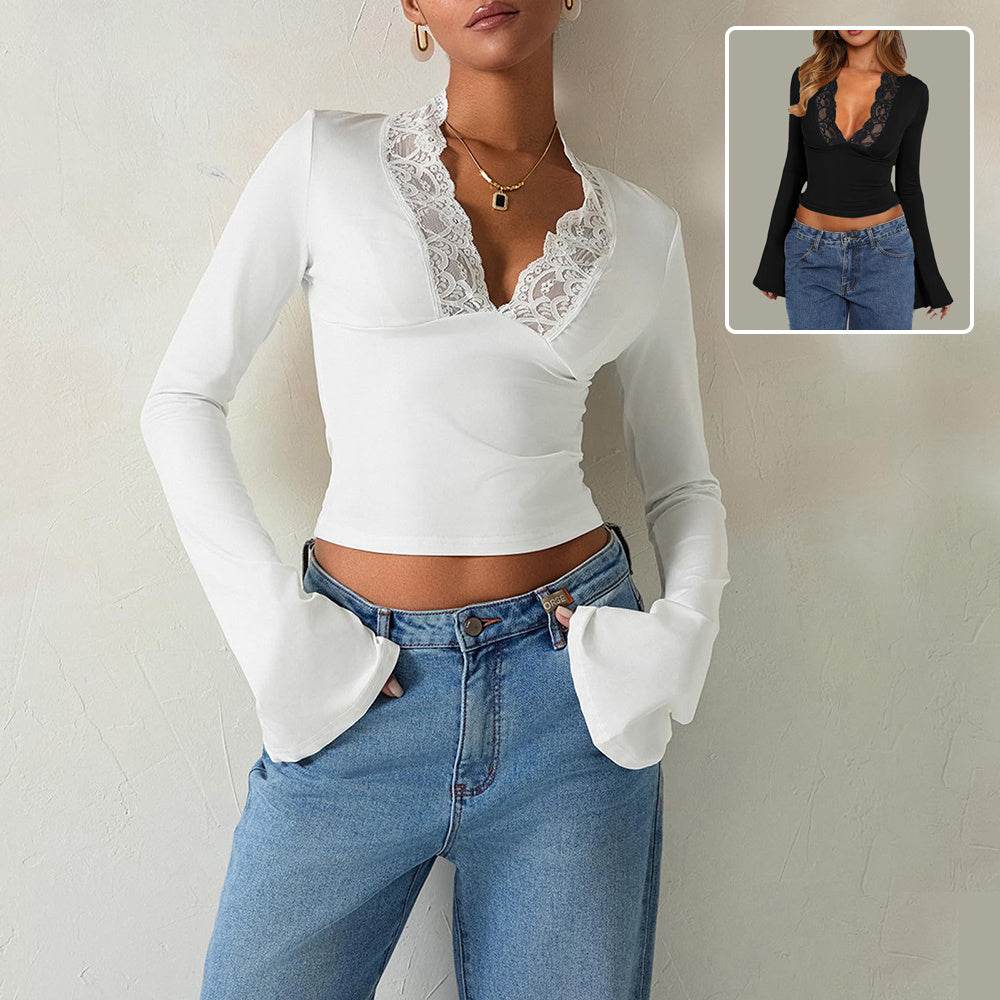 Slim V-neck Lace Ins Fashion Trumpet Sleeve Long-sleeved tank Top Women Clothing - EX-STOCK Canada