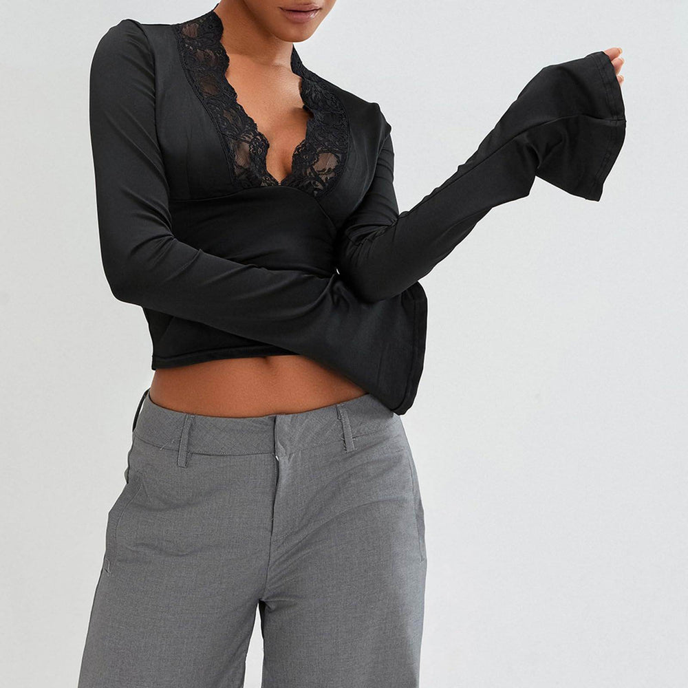 Slim V-neck Lace Ins Fashion Trumpet Sleeve Long-sleeved tank Top Women Clothing - EX-STOCK Canada