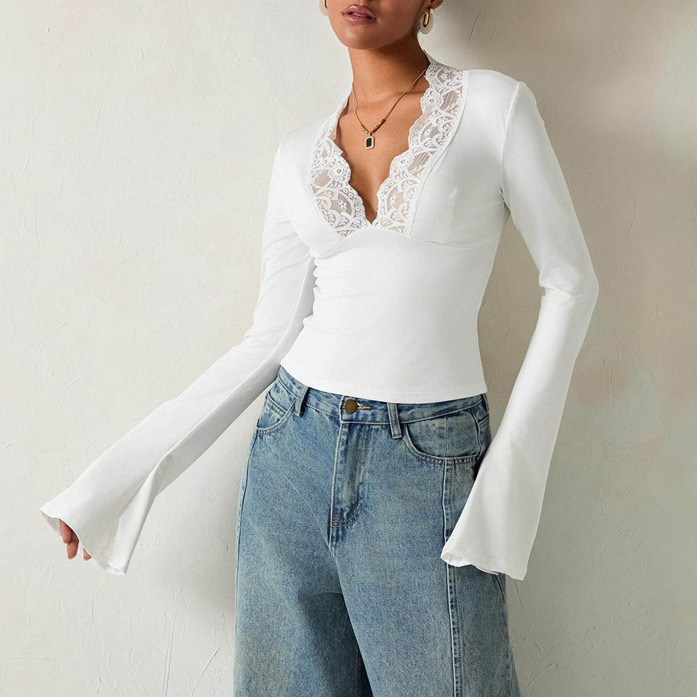 Slim V-neck Lace Ins Fashion Trumpet Sleeve Long-sleeved tank Top Women Clothing - EX-STOCK Canada