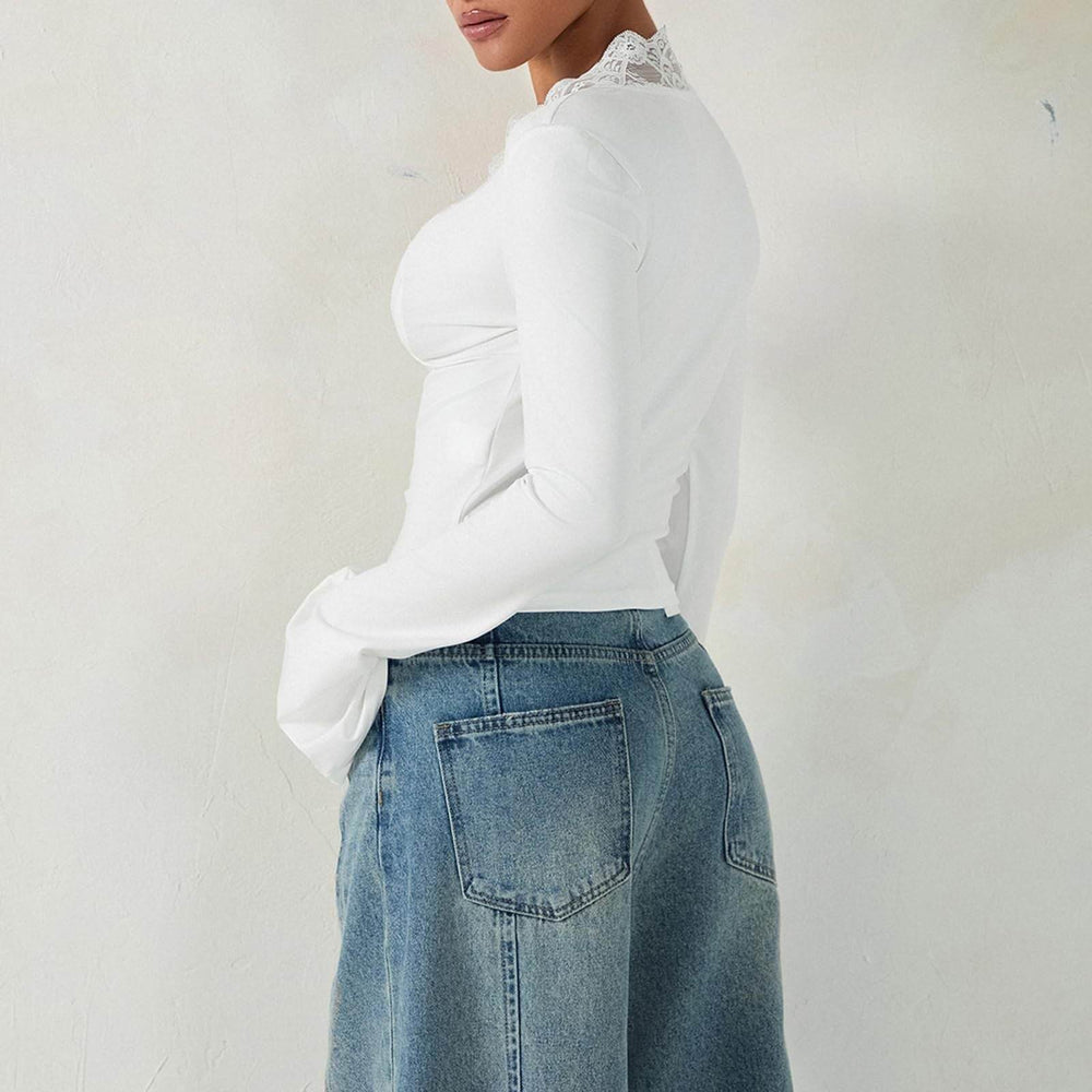 Slim V-neck Lace Ins Fashion Trumpet Sleeve Long-sleeved tank Top Women Clothing - EX-STOCK Canada