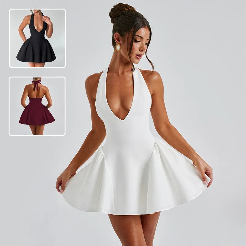 Elegant Ladies Deep V-neck flared Halter Neck Mini dress for Party Club Date - EX-STOCK CANADA