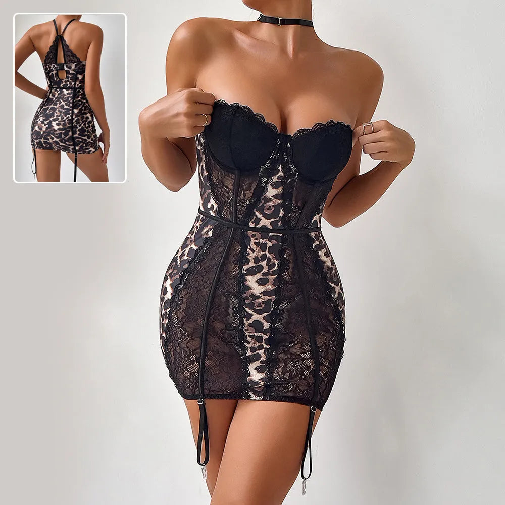 Strapless Corset Mini dress Leopard Lace mesh A-line Tube short dress for club and party - EX-STOCK CANADA