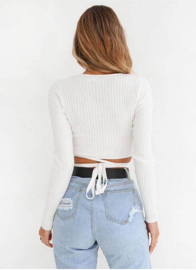 Sexy Women Ladies Summer Slim Crop Tops Long Sleeve T Shirt Casual Solid V Neck Knitted Short Tops - EX-STOCK Canada