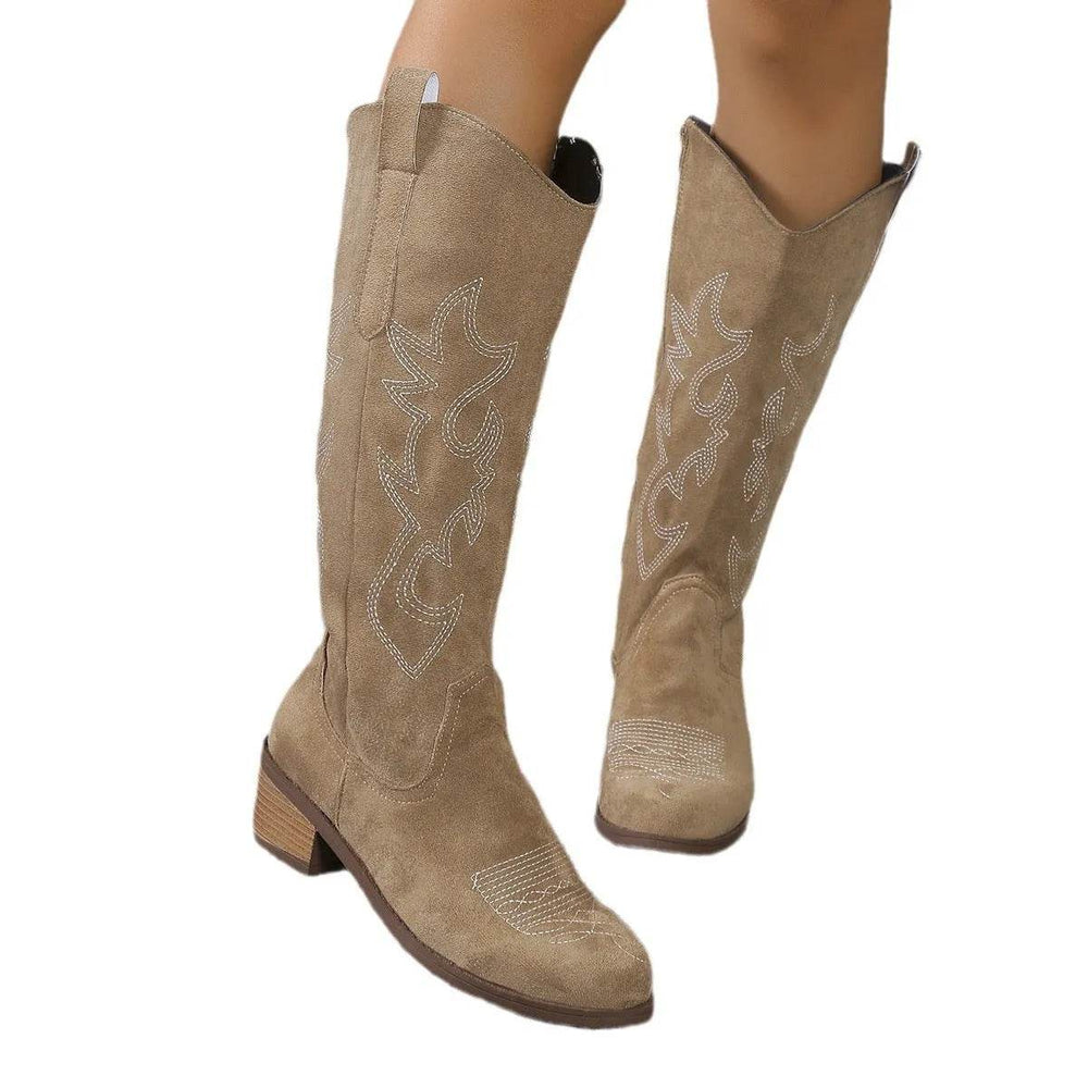 Women's Retro Pointed Toe Chunky Heel Solid Color Side Zipper Mid-calf Cowboy Boot - EX-STOCK Canada