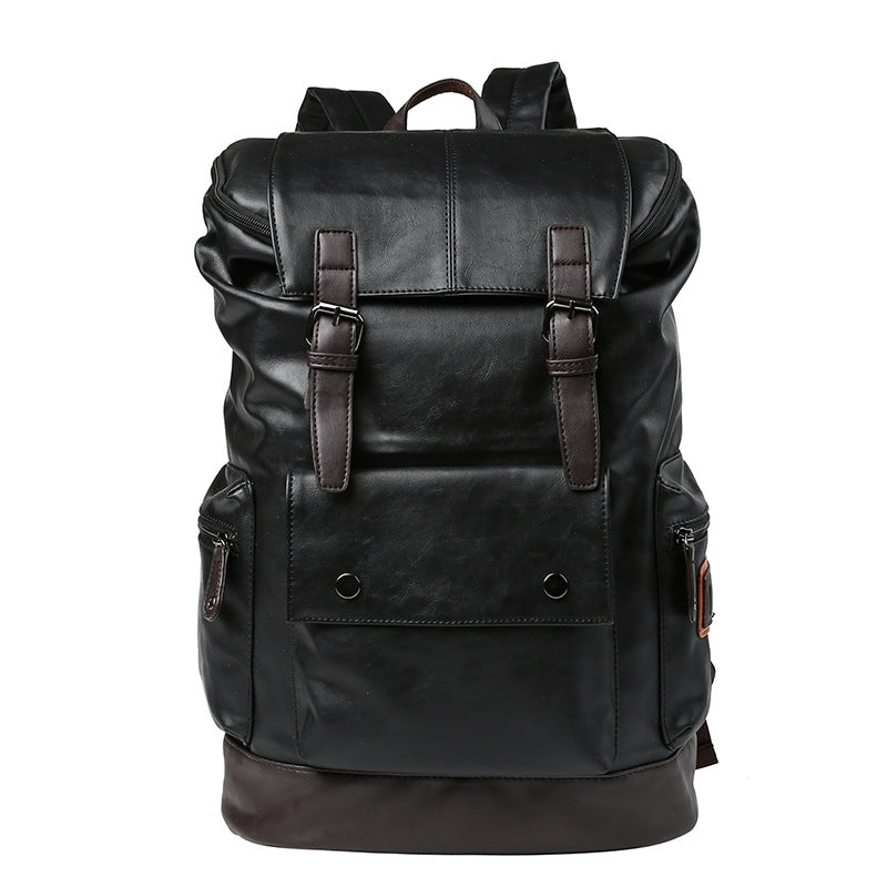 Black leather backpack on a white background