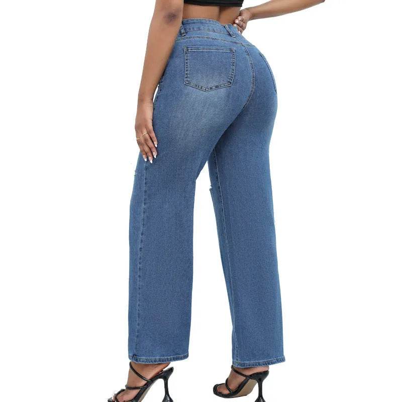 Elegant Ripped Wide-leg Baggy Jeans Pant Women - EX-STOCK Canada