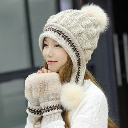 Women Cozy Knit Fleece-Feel Beanie With Ear Flaps Winter Hat Perfect For Skiing & Outdoor Activities - EX-STOCK Canada