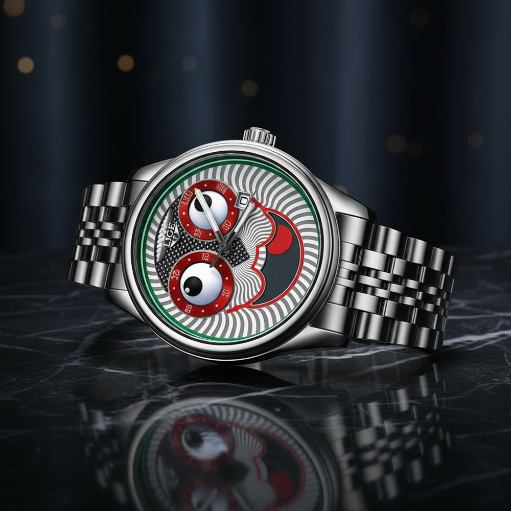 Une montre-bracelet en acier inoxydable argenté avec un cadran squelette unique présentant un crâne stylisé, des sous-cadrans circulaires rouges et un anneau intérieur vert, reposant sur une surface sombre et réfléchissante.