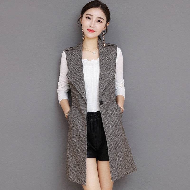 Plaid Long Blazer Vest Women Sleeveless Jacket - EX-STOCK Canada
