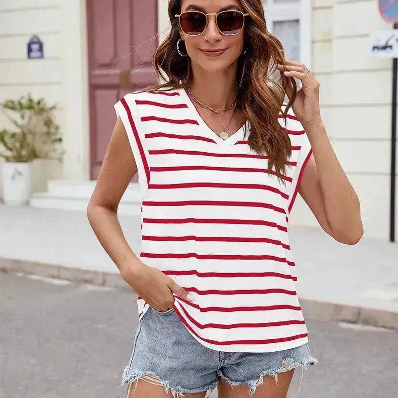 Fashion Stripe Print V-neck Short-sleeved T-Shirt Summer Loose Casual top for Women - EX-STOCK Canada