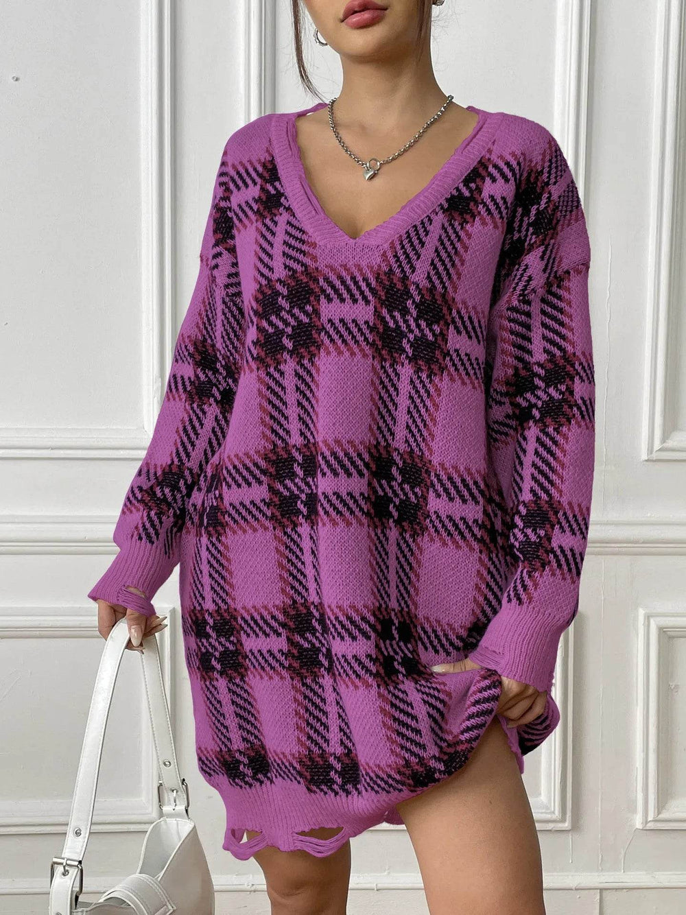Deer Plush V-neck Long Sleeve Plaid Winter Jumper Mini dress - EX-STOCK Canada
