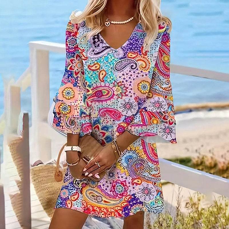 Women's V-Neck Floral Print Dress 3 4 Sleeve Summer Beach Vacation Dress With Pockets - EX-STOCK Canada
