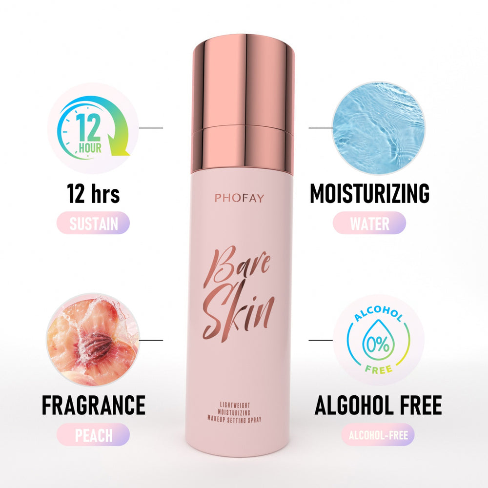PHOFAY Bare Skin moisturizing spray bottle with features highlighted on a white background