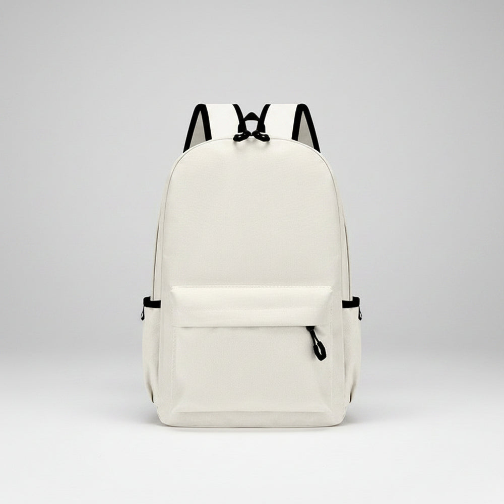 White backpack with black straps on a white background