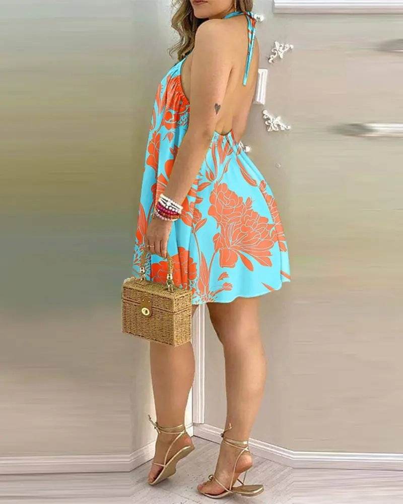 Printed Dress Summer Off-Shoulder Hanging Neck Sleeveless Sexy Dresses Women - EX-STOCK Canada