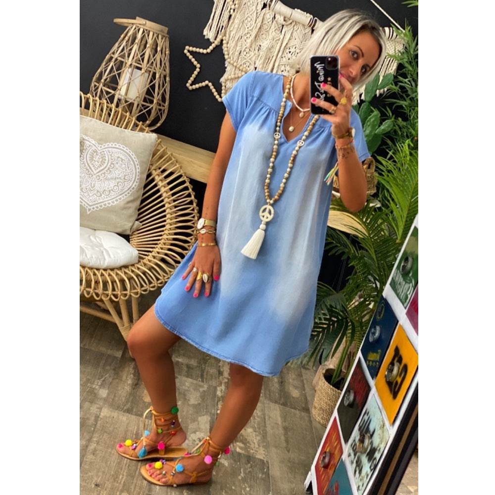 Round Neck Pleated Loose Solid Color Casual Plus Size Denim Dress - EX-STOCK Canada