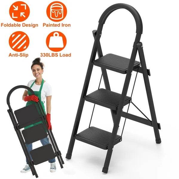 3-Step Folding Ladder, 330lbs Load Capacity, Lightweight 6.94lbs With 1.57in Folding Width, Heavy Duty Steel Construction, Non-Slip Pedals & Feet, Safety Lock, Multi-Use For Home Kitchen Living Room - EX-STOCK Canada