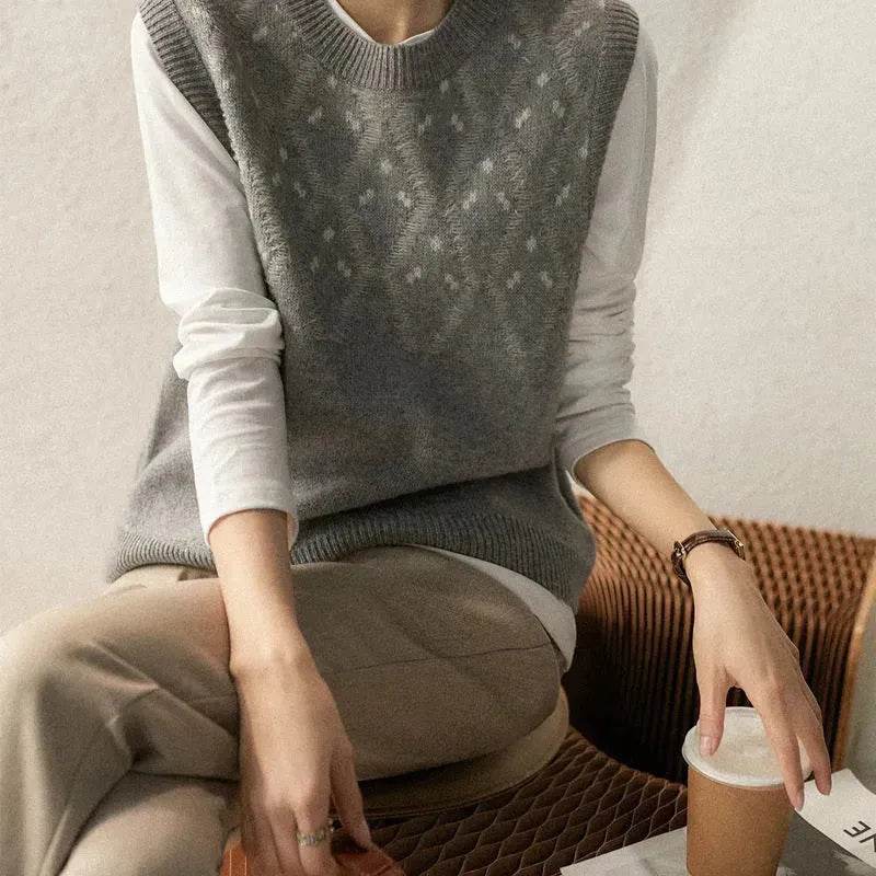 Cashmere Jacquard Sleeveless Round Neck Knitted Sweater Vest for Women - EX-STOCK Canada