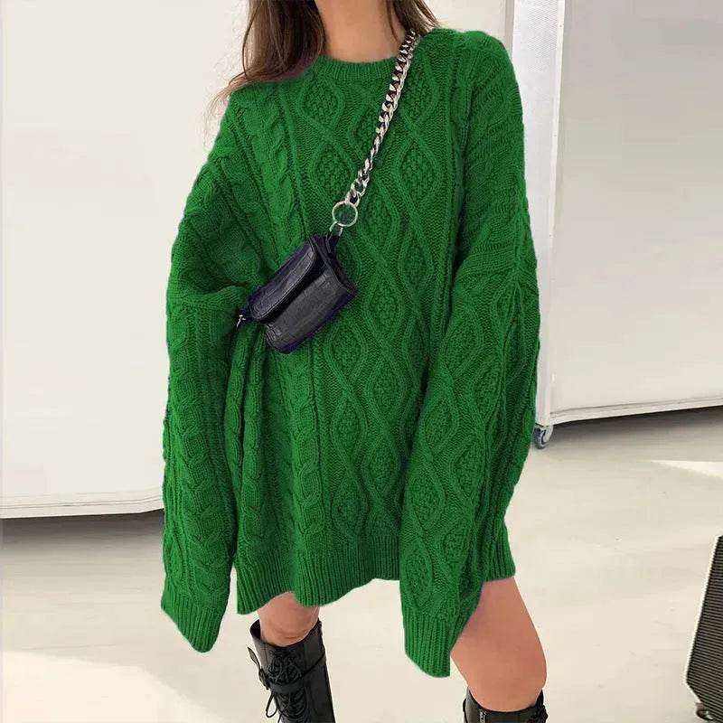 Casual Oversize Hip pop style Round neck Knitted Twist Sweater dress - EX-STOCK Canada