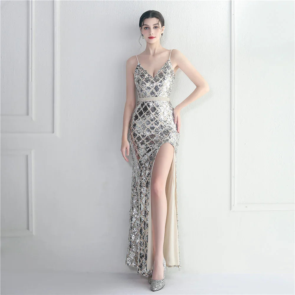 Colorful Sequin Sling Split Sheath Long Dinner Party Dress EX-STOCK Canada