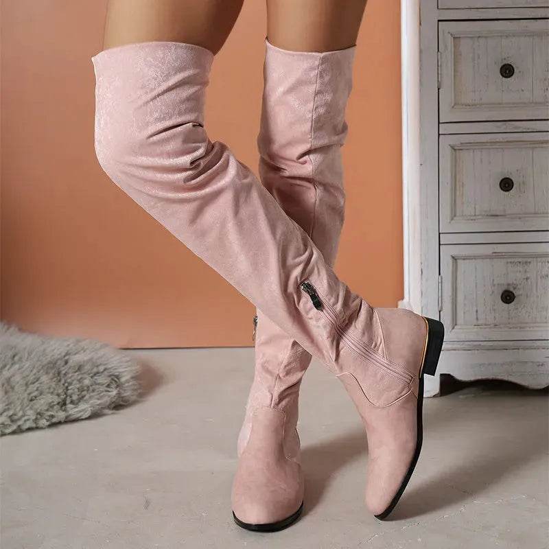 Fashion Over-the-knee Boots For Women Suede Stitching Low-heeled Long Boots With Side Zipper Design Party Shoes Winter - EX-STOCK Canada