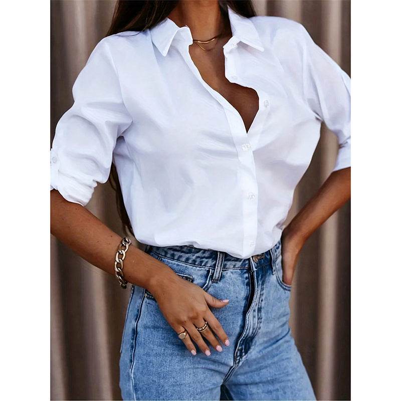 Women's Casual Long Sleeve Button-Down Shirt With Roll-Up Sleeves, Stylish Mid-Length Blouse For Everyday Wear - EX-STOCK Canada
