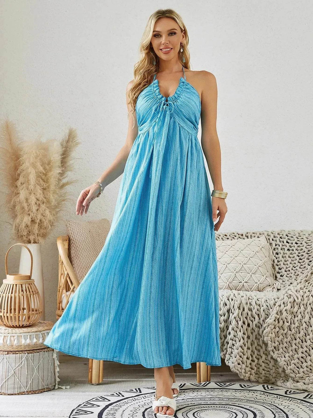 Bohemian Halter Maxi Dress - Women's Summer Sleeveless Flowy Beach Dress - EX-STOCK Canada