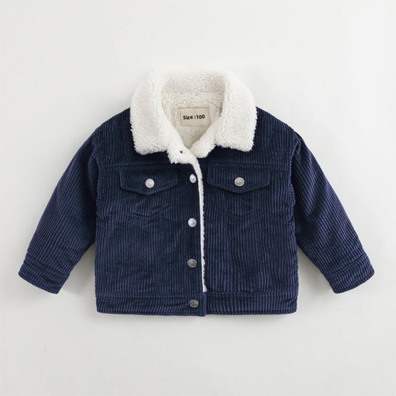 Navy blue corduroy jacket with white sherpa lining on a light gray background