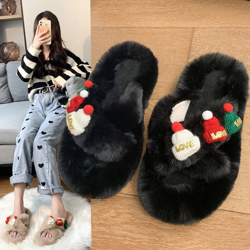 Christmas Hat Fluffy Slippers Women's Warm Toe Covering Cotton Slippers EX-STOCK Canada