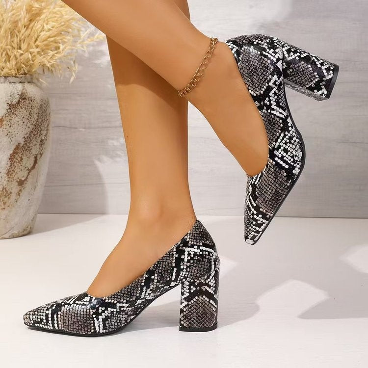 Women's Snake Print Pointed Toe Block Heel Pumps 2026 Spring Summer Elegant High Heels Versatile Office Party Shoes