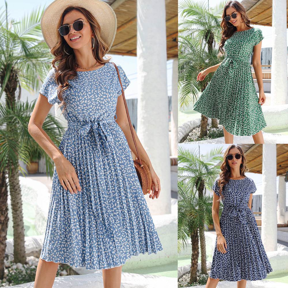 Casual Spring Summer Tie belt Pleated Floral Midi Dress