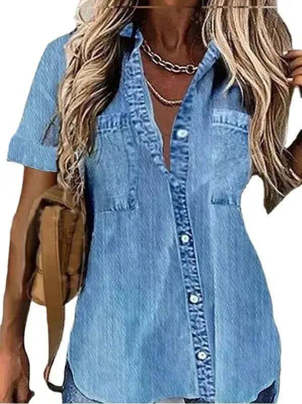Best Women Loose Denim-like Printed Short-sleeved Shirt Jeans Denim Shirt dress Denim Top dress - EX-STOCK Canada
