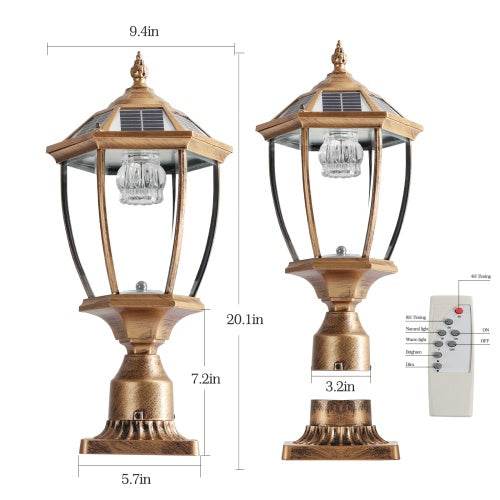Vintage Gold Solar Pillar Headlight With Dimmable LED 1-Pack Outdoor Landscape Pathway Light - EX-STOCK Canada
