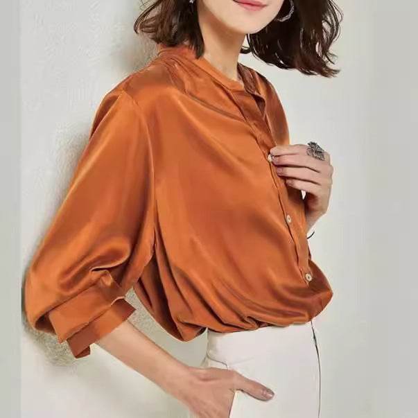 French Simplicity Loose And Lazy Style Silk Shirt For Women Autumn - EX-STOCK Canada